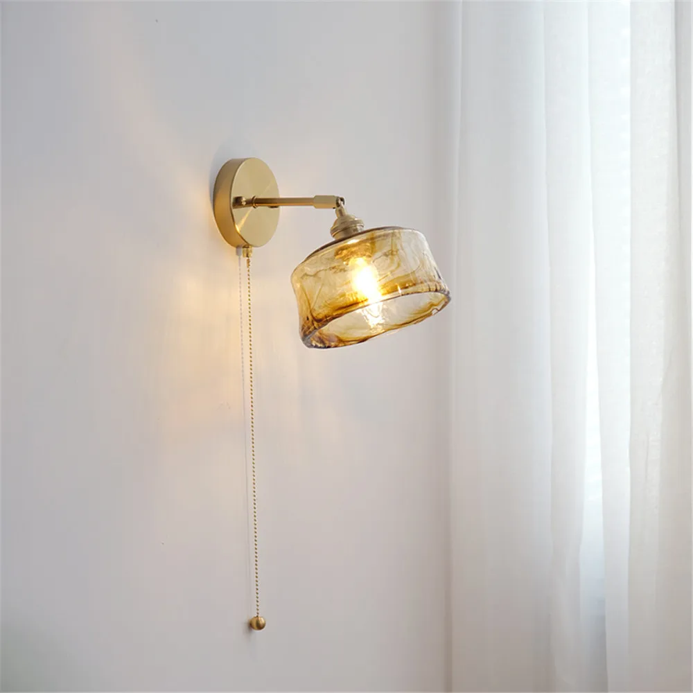 Retro Rotary Wall Lights Loft Copper Glass Shade Read Sconce Wall Lamp With Switch Fixture For Bathroom Bedroom Bedside Lighting