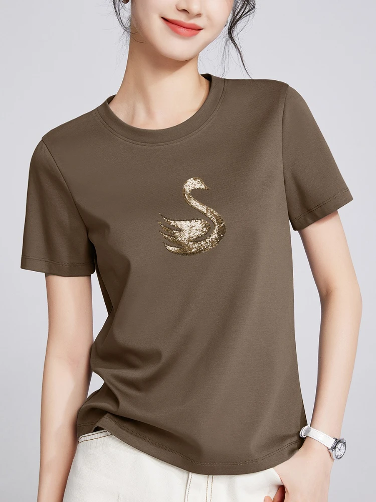 Women's Slim Fit Double-Sided Mercerized Cotton T-Shirt Summer Round Neck Short Sleeve Intricate Swan Embroidery Casual Top