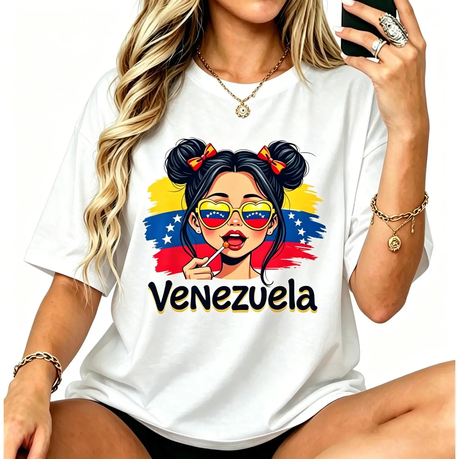 Messy Bun Girl Venezuela Pride Latina Venezuelan Women Girls T-Shirt