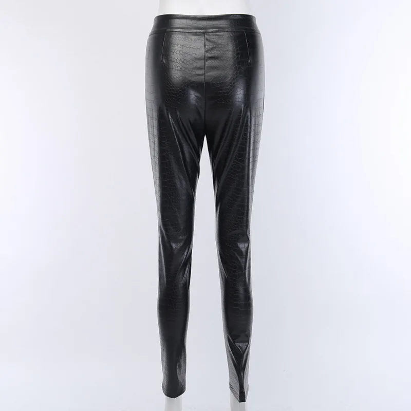 Women Faux Leather Pants High Waist Casual Crocodile Leather Pantalones Female Slim PU Leather Fashion Ins Zipper Pencil Trouser