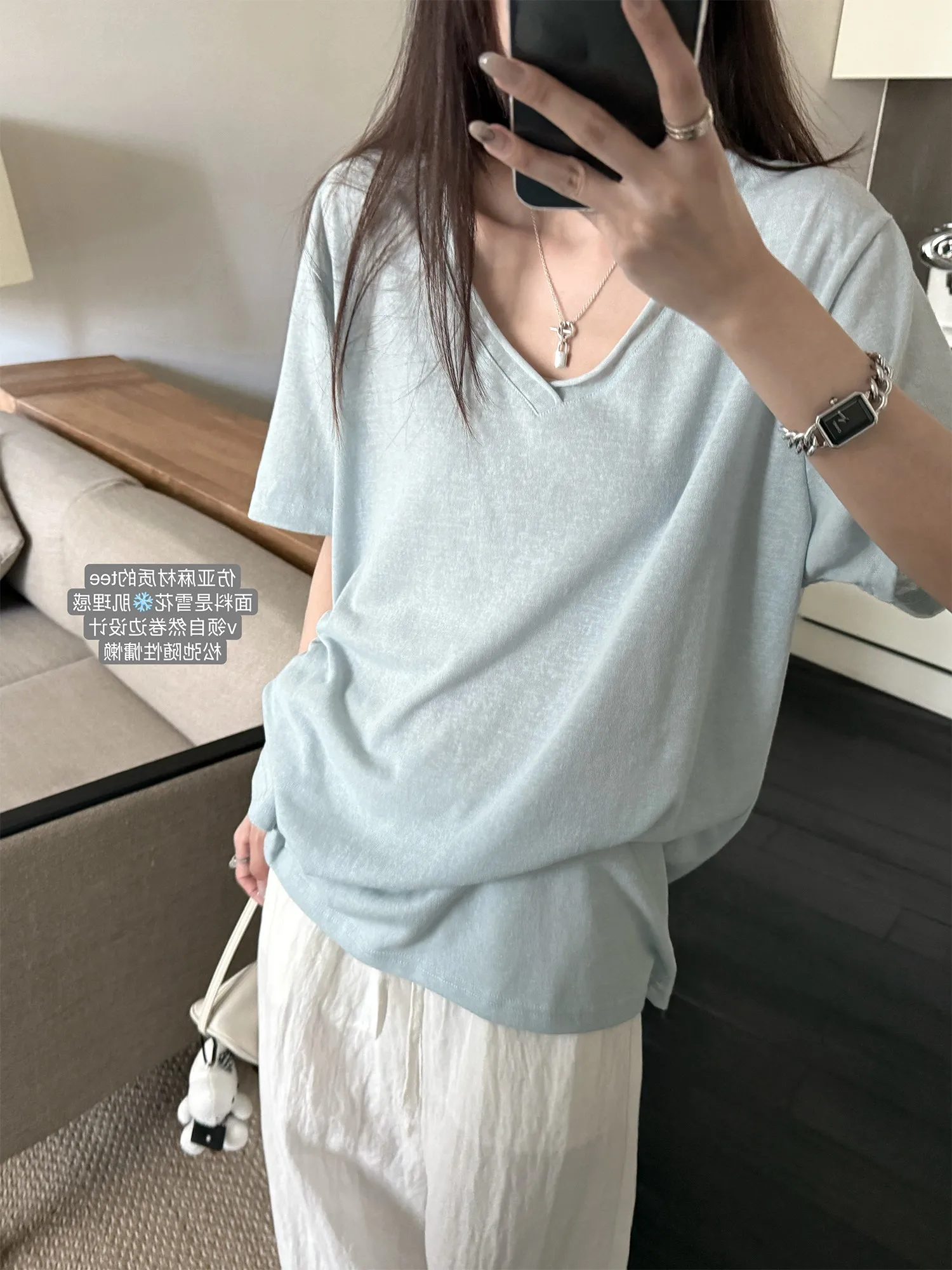Loose Fit Linen Short Sleeve V-Neck T-Shirt Women's Summer New Design Cuffed Lazy Top Pure Color Commute Style Moisture Wicking