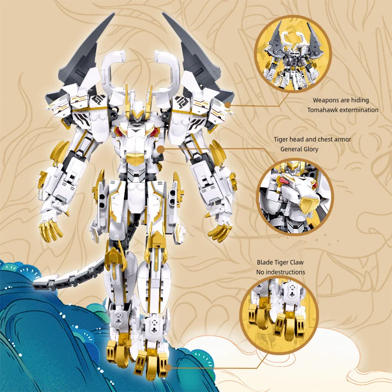 Mainan blok bangunan, pegunungan, laut, klasik, naga hijau, harimau putih, mainan perakitan mecha, prajurit Robot puzzle anak laki-laki