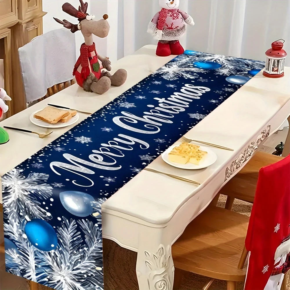 Christmas Eve Table Runner, Silvery Snowflakes and Pine Branches 