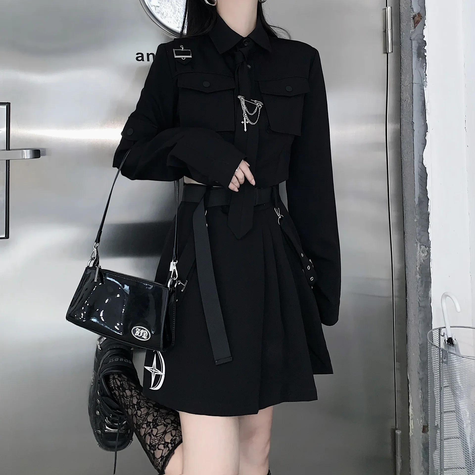 Gothic Cargo Shirt Suit Egirl Punk Chain Ribbon Skirts Goth Dress sets Autumn Streetwear Harajuku Black Grunge Aesthetic Clothes