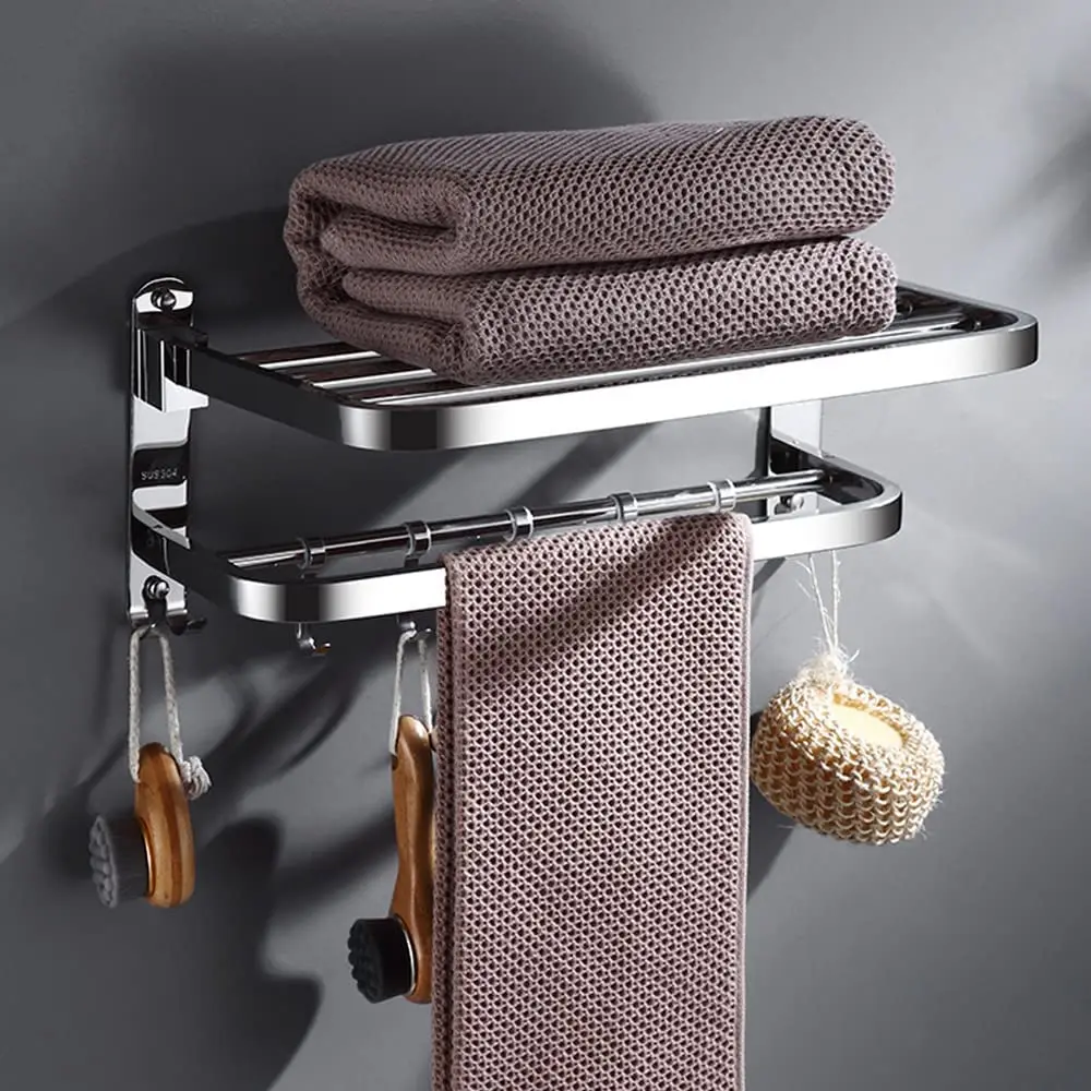 Towel Double Bar Adhesive Rack Holder Bathroom Shelve Lavatory Wall Mounted Stainless Steel Hotel Double Level Bath Shower Shelf