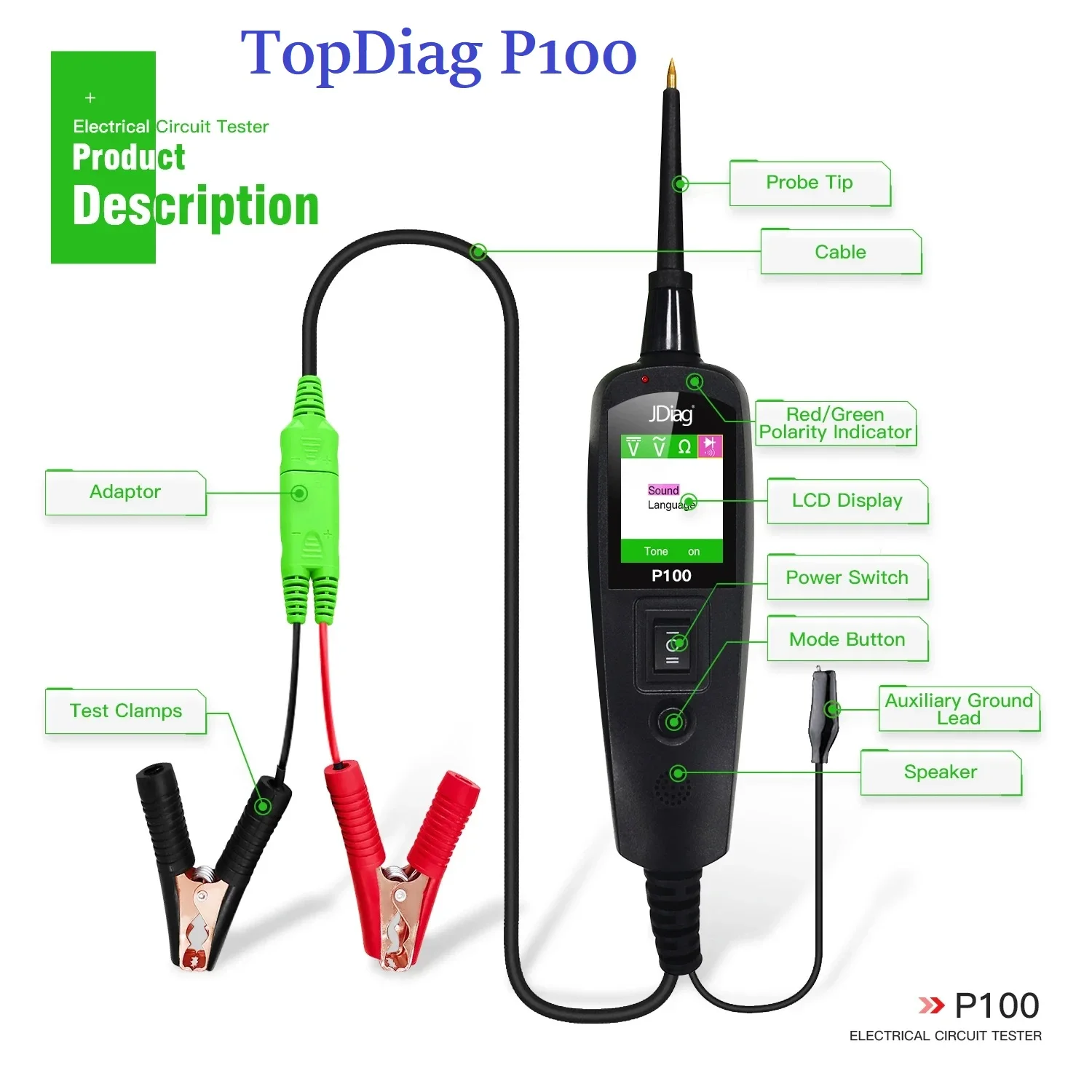 

JDiag TopDiag P100 2 м/10 м автомобильный тестер электрических цепей комплект датчиков мощности автомобильная электрическая система 12 В 24 В автомобильный диагностический инструмент