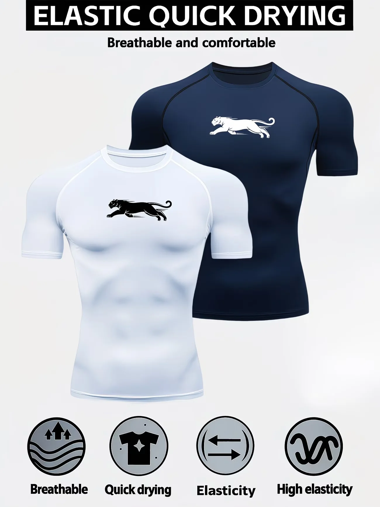 2pcs Men's High-Elasticity Quick-Dry Breathable Compression Fitness Shirts, Fast-Drying Workout Training Tops with Round Neck