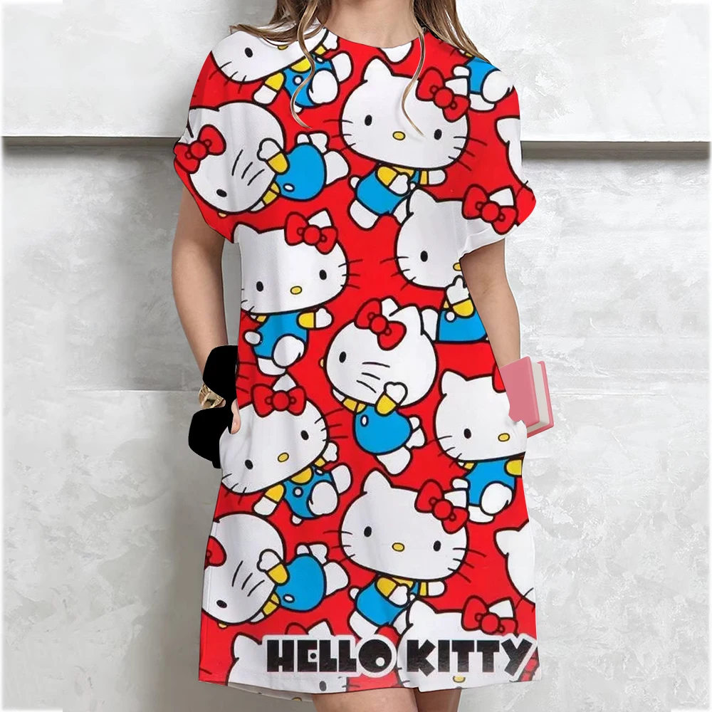 مرحبا كيتي طباعة فستان المرأة الكرتون قصيرة الأكمام س الرقبة تي شيرت فستان موضة لطيف النوم تنورة خلع الملابس الأساسية اليومية