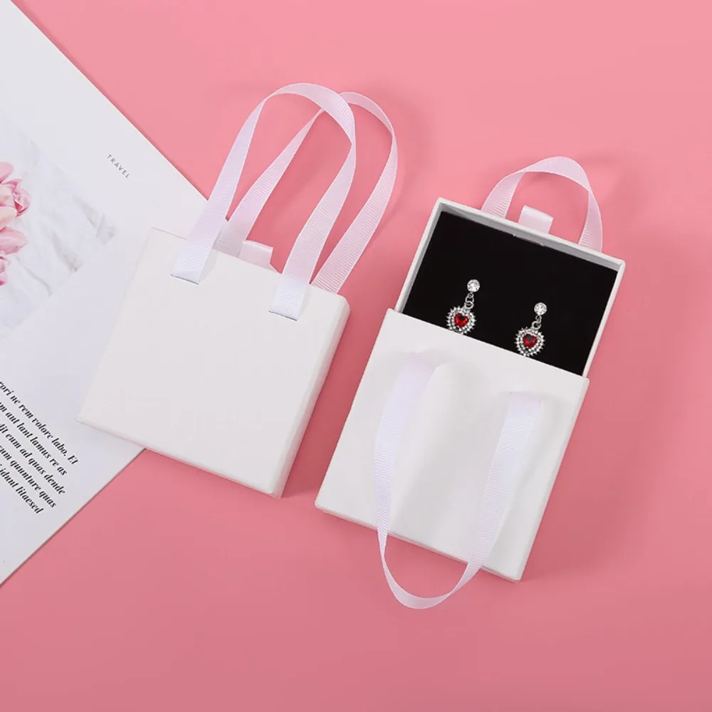 Portable Cardboard Drawer Jewelry Package Box With Handle Sliding Jewelry Organizer Ribbon Handle Solid Color Gift Box Bracelet