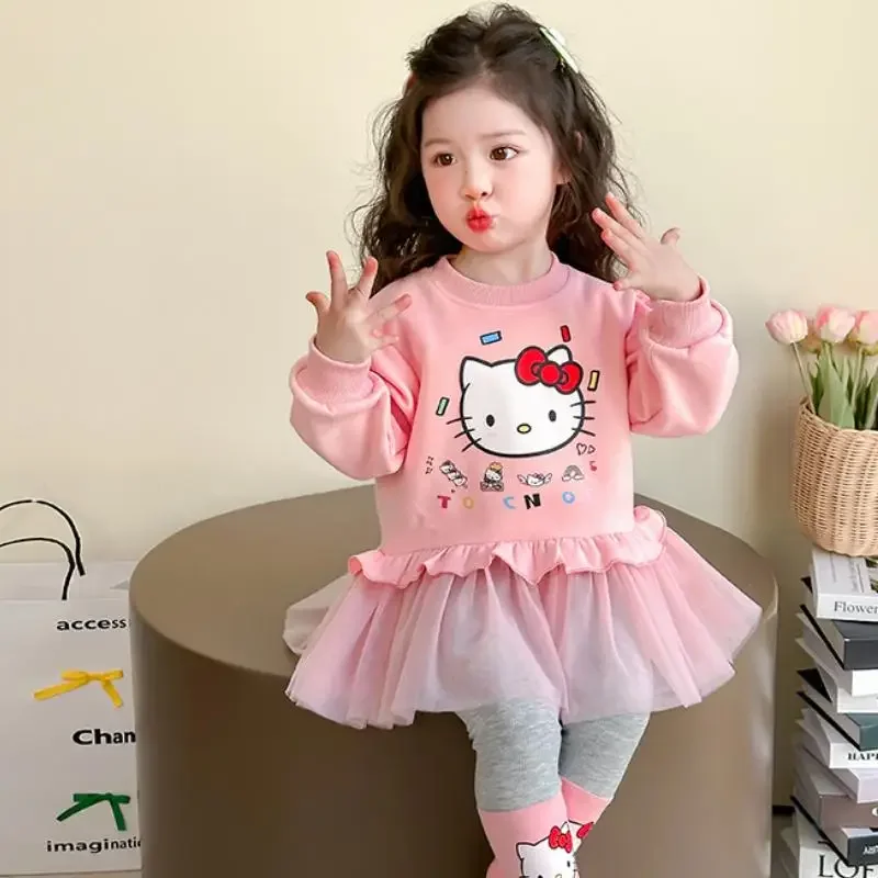 

Hello Kitty Kawaii сетчатый свитшот с героями мультфильмов для девочек, костюм Sanrio, весенне-осенние новые леггинсы в стиле принцессы, милые модные