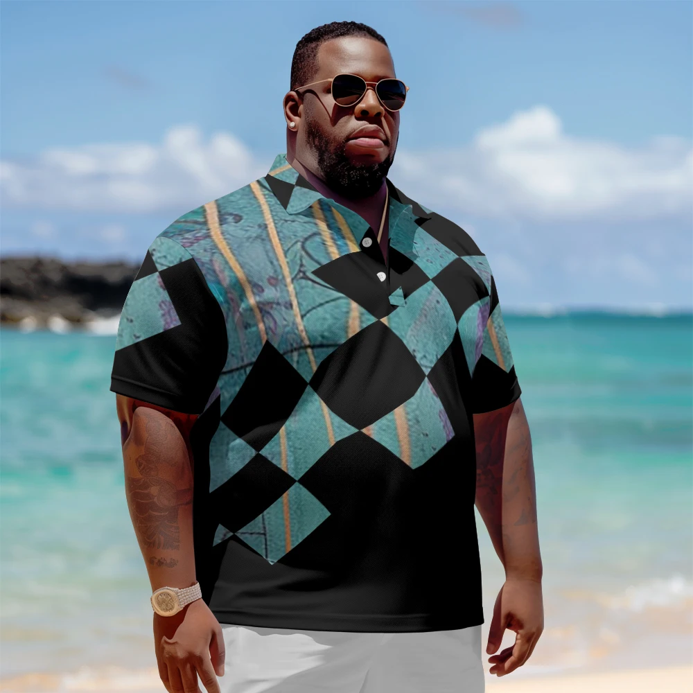 

1 men's plus size polo shirt with summer lake green print casual lapel button suitable for shopping and golf