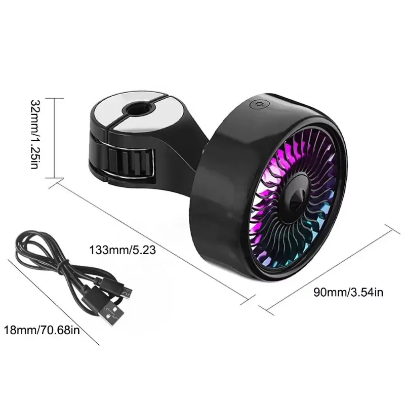 مروحة سيارة RGB ضوء متدرج 3 سرعات USB قابلة للشحن المقعد الخلفي برودة مع وظيفة الخطاف الإضاءة الداخلية المحيطة ديكور السيارة