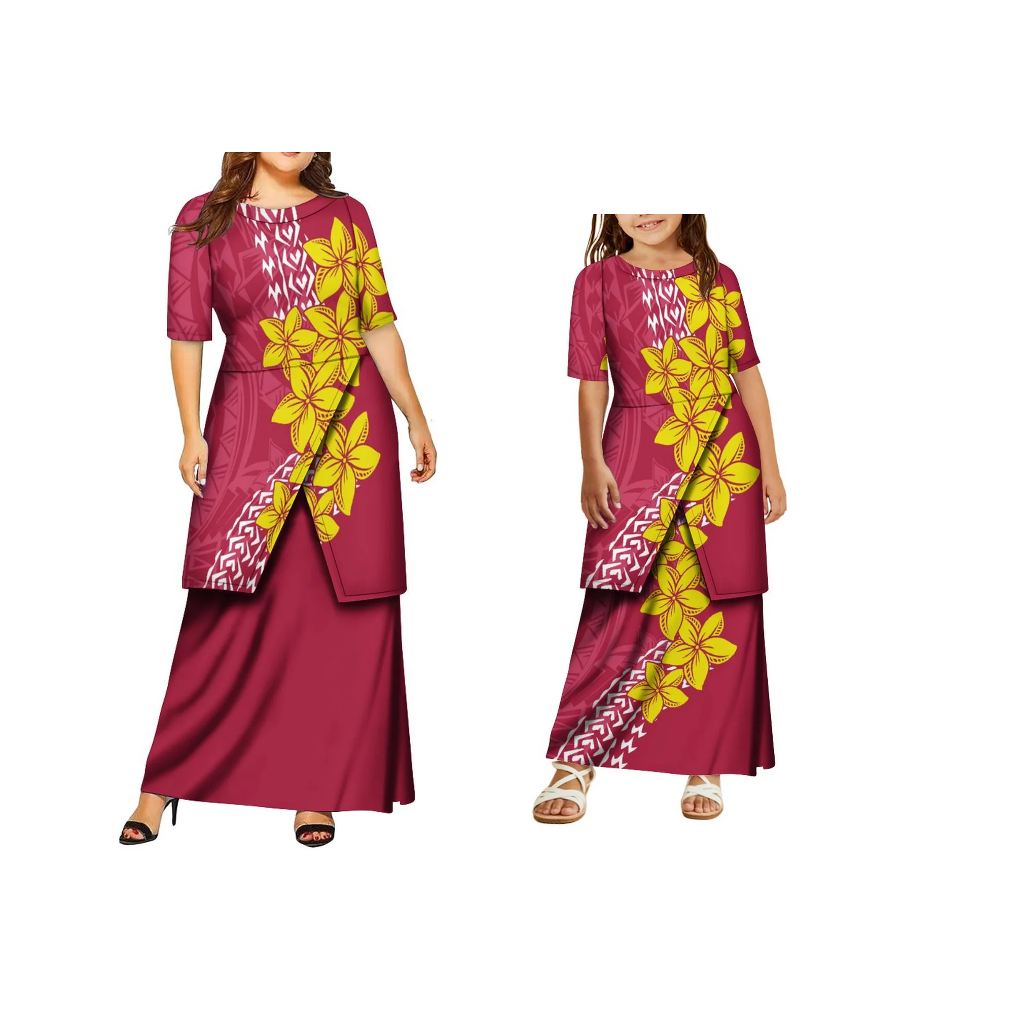Nova chegada polyneisan tribal senhoras tripulação pescoço mãe e filha vestido personalizado puletasi samoan vestido duas peças conjunto vestido