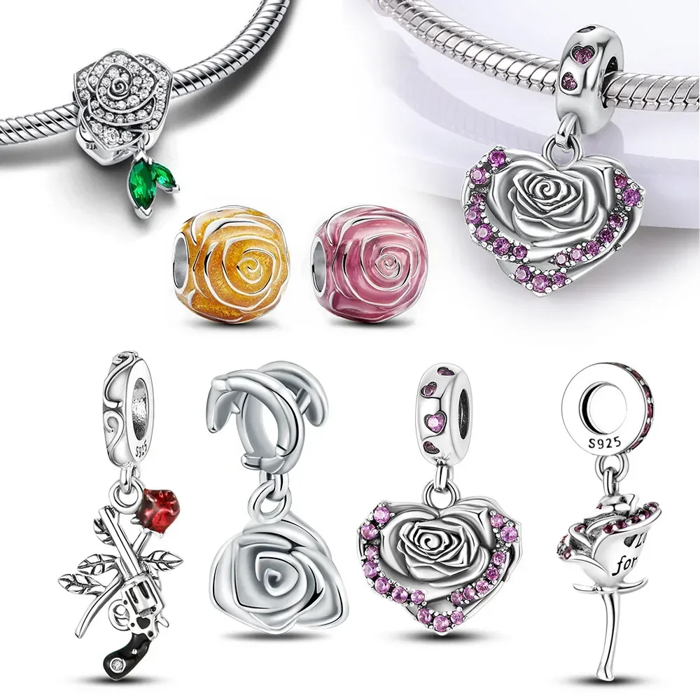 925 Silver Rose Pink Flower Shiny Zircon Charm Beads For Original Charms Original Bracelet for Women DIY fine Jewelry Gift