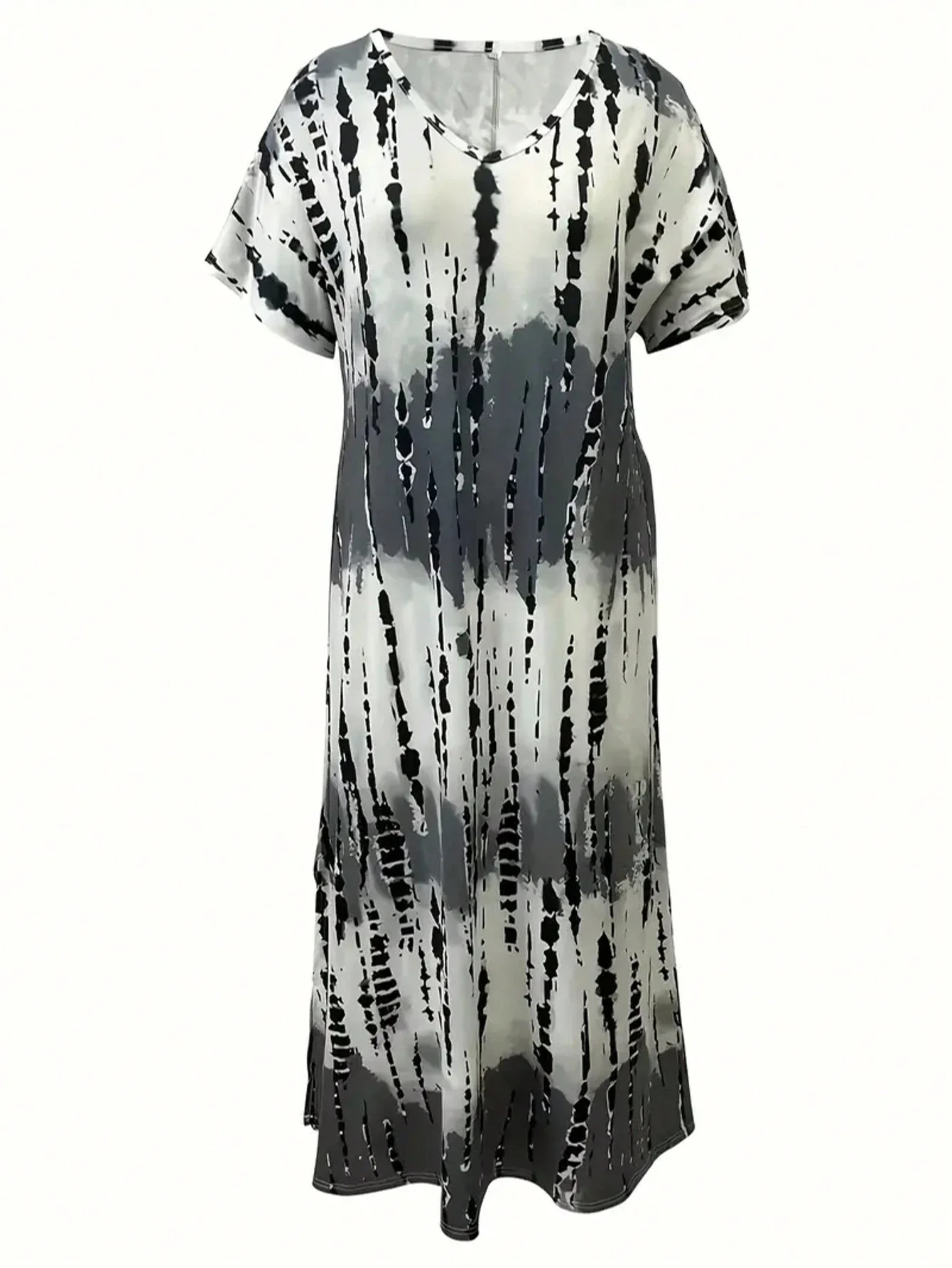 

Plus Size Women Casual V-Neck Short Sleeve Tie Dye Print Slit Hem Maxi Dress Summer