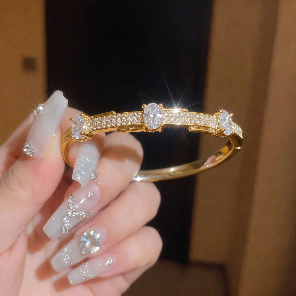 Exquisite Personality 925 Sterling Silver 3 Oval Stone Pave Zircon Hinge Bangles Stackable Statement Bracelet for Women Jewelry