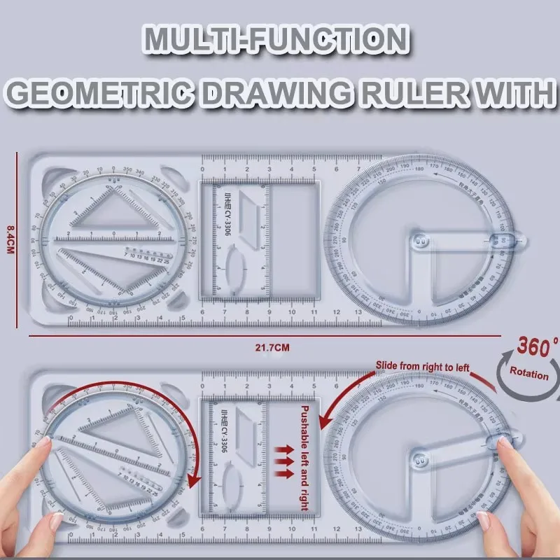 Rotary Multi-function Geometric Drawing Ruler Protractor Learning Measuring Tool Creative Stationery Gift School Office Supplies