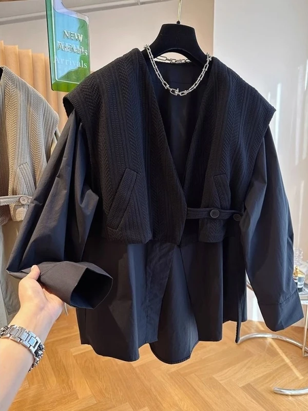 

Large Size 300 Pou Knitted oulder Wrap Vest Plaid irt Men's Spring Autumn Fake Two-Piece Design Outerwear Jaet