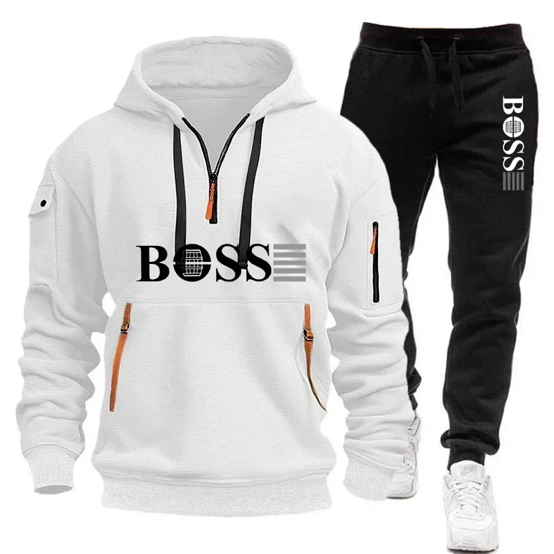 Men's autumn and winter new pullovers hoodie and pants 2-piece set, outdoor jogging windproof zipper warm men's sportswear
