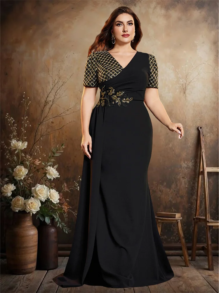 

XUIBOL Plus Size Black Elegant Short Sleeve Sequins Formal Evening Dresses Luxury Mermaid Party Bridesmaid Cocktail Gowns