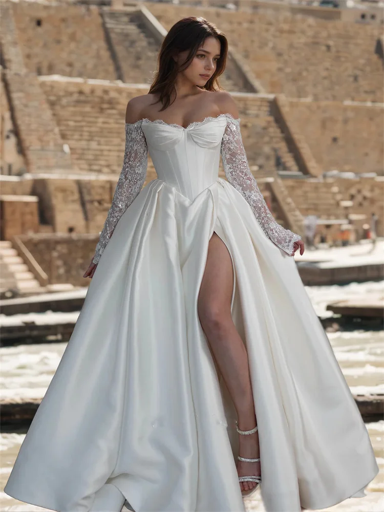Robe de mariée en Satin, épaules dénudées, manches longues, ligne a, élégante, à lacets dans le dos, longueur au sol, fente latérale, personnalisée