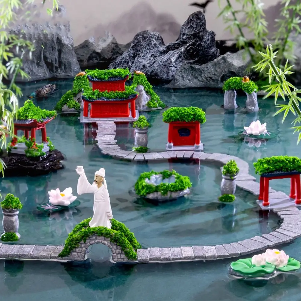 Multicolor Chinese-style Building Figurines Ecological Bottle Resin Moss Scenery Layout Archway Bridge Fairy Garden