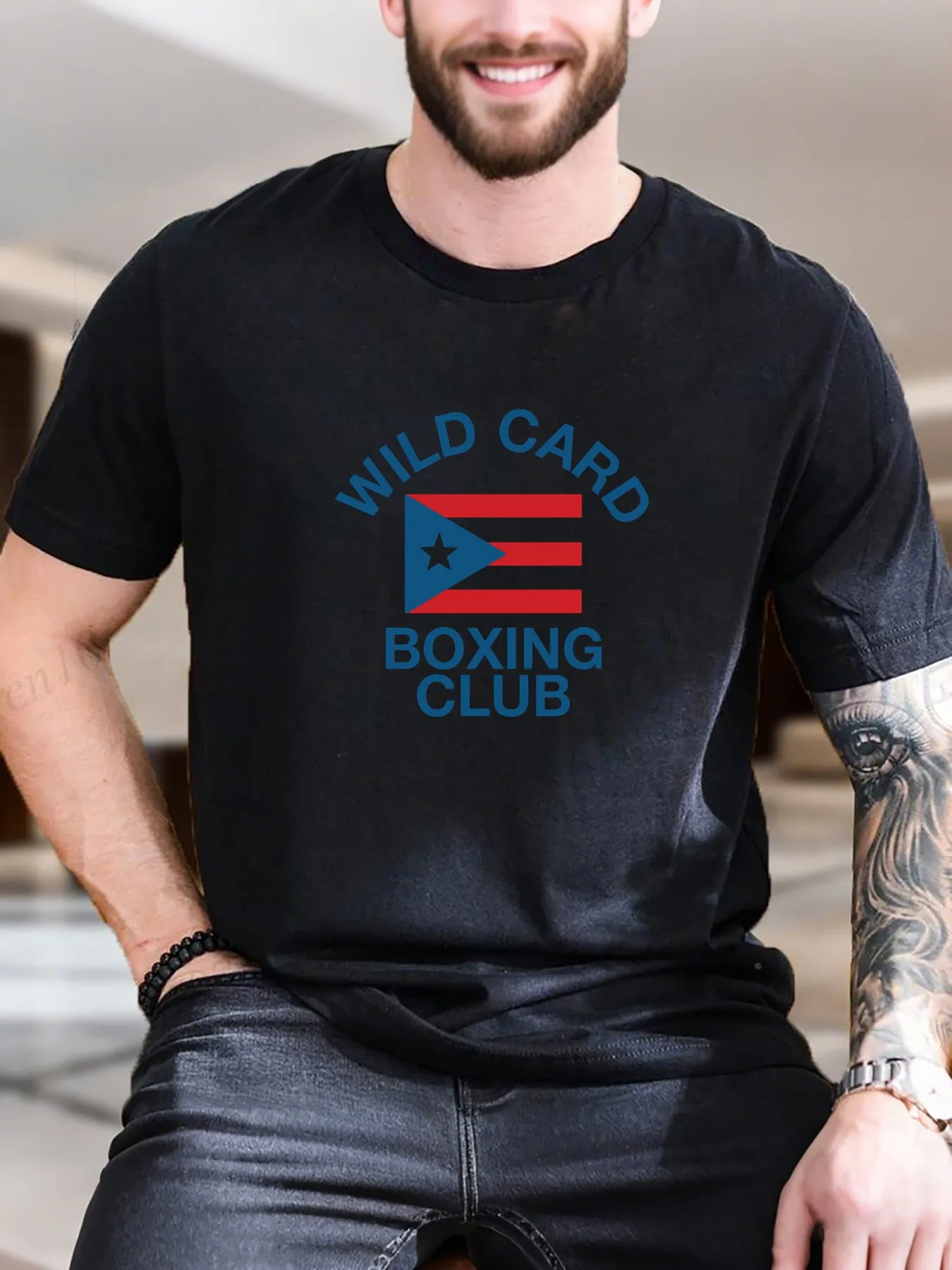 

New Arrival Fashion Men's Printed Short Sleeve T-Shirt Wild Card Boxing Club Graphic 100% Cotton Soft Tee for Casual Wear Trendy