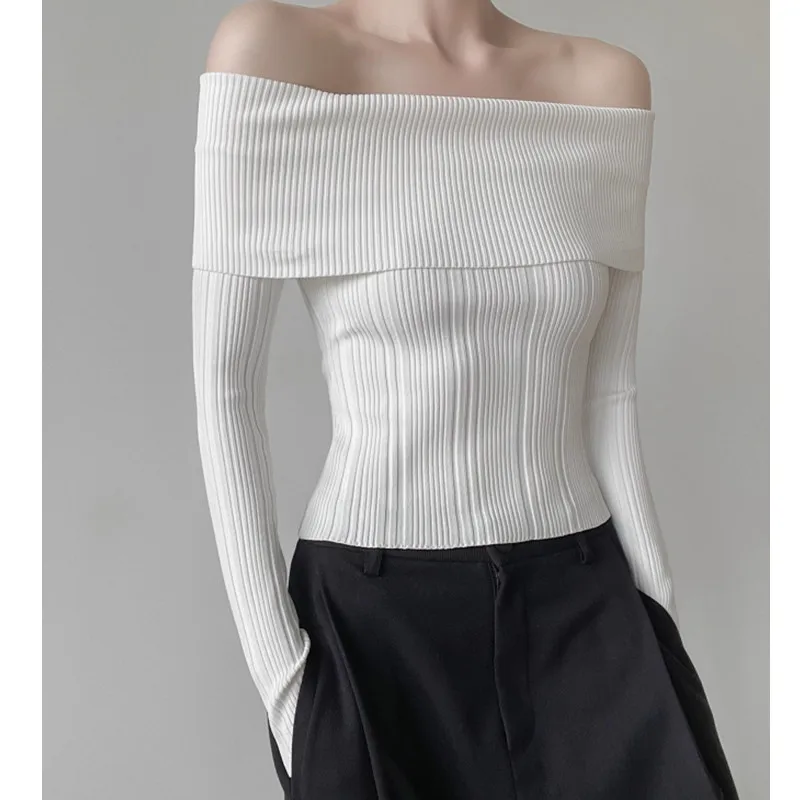 Autunno e inverno nuova spalla a maniche lunghe maglione sexy slim fit da donna elegante maglieria camicetta tinta unita
