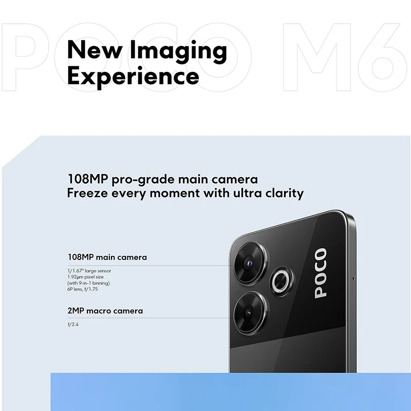 إصدار المملكة المتحدة POCO M6 هاتف ذكي 256 جيجابايت MediaTek Helio G91 Ultra 108MP كاميرا رئيسية من الدرجة الاحترافية بطارية 5030 مللي أمبير في الساعة 33 وات شحن سريع