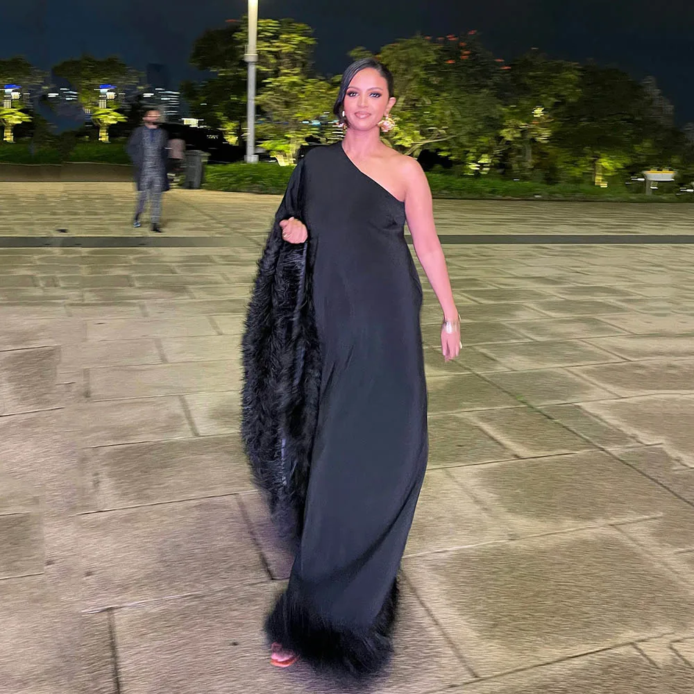 

One Shoulder Satin Black Evening Dresses Women 2025 Feather Elegant Party Dress Floor Length Luxury Prom Dress Customized