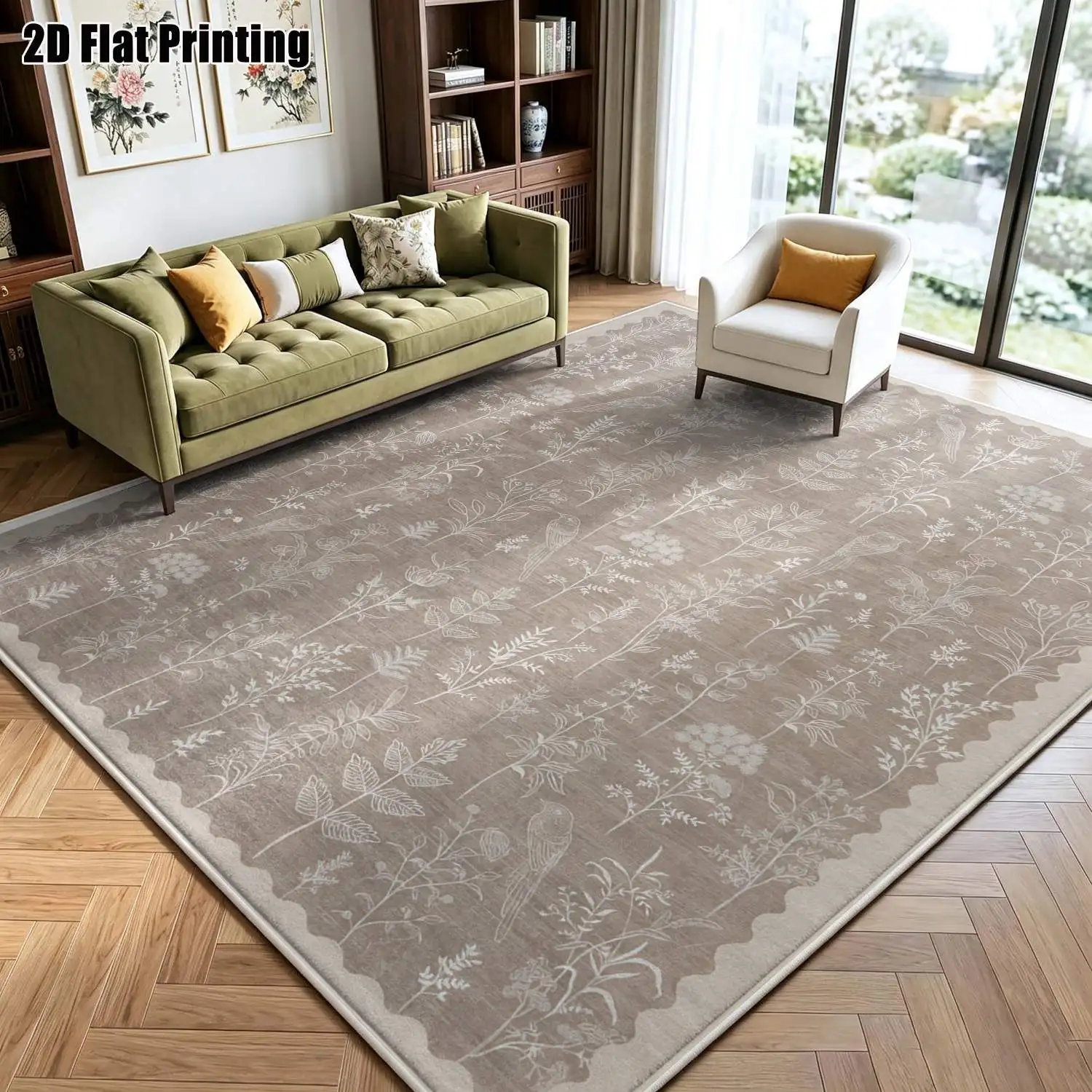 1Pc 2D Printed Velvet Carpet, Beige Floral Branches Leaves Pattern European Vintage Minimalist Nordic Instagram Home Decor Floor Mat, Multi-Size, Machine Washable, for Entrance, Dining, Foyer, Bedroom, Living Room