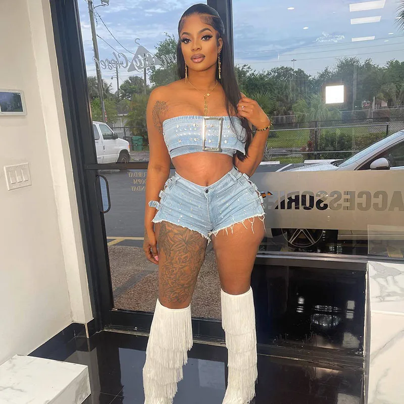 Streetwear Denim Two Piece Sets Women Birthday Outfits Diamonds Button Strapless Crop Top and Shorts Y2K Jeans Ensemble Short