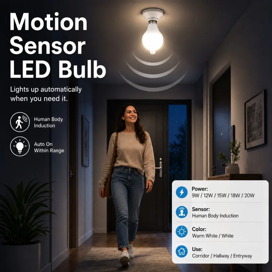 85-265V E27 Motion Sensor LED Bulb 9W 12W 15W 18W 20W Human Body Induction Auto on Off Lamp for Corridor Entryway Home Lighting
