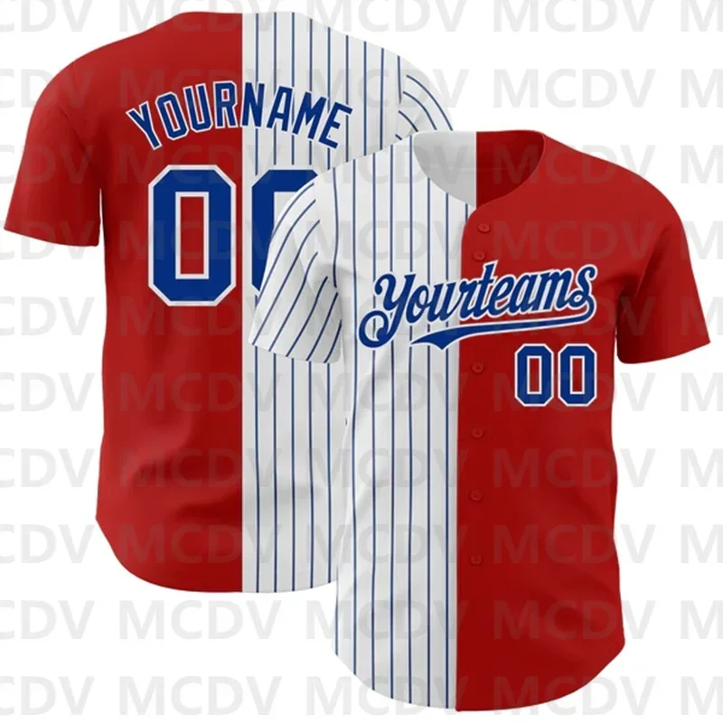 Custom Red White-Gold Pinstripe Authentic Split Fashion Baseball Jersey 3D Printed Casual Team Shirts Unisex Tops