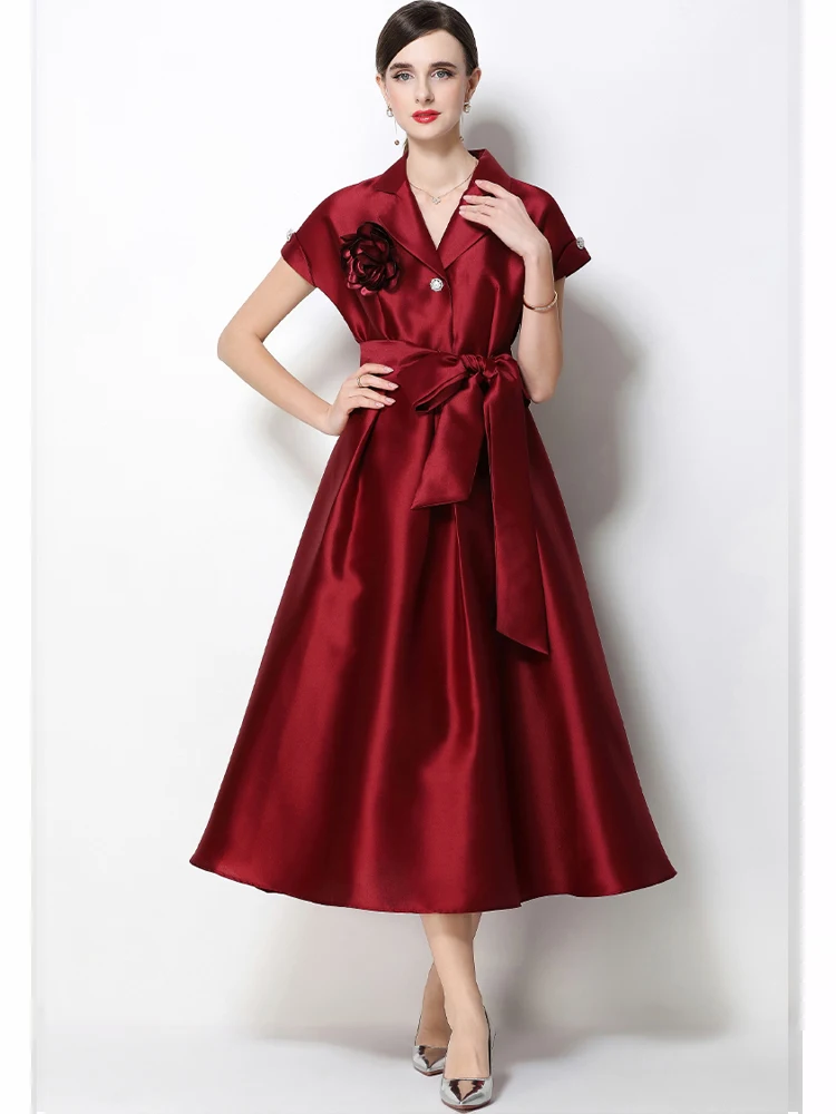 

Элегантное винно-красное атласное платье с воротником-стойкой, короткими рукавами и приталенным силуэтом, новая модная женская весенняя одежда 2026 года