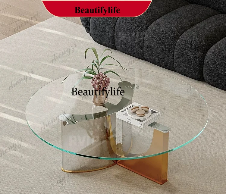 d178 Light luxury ultra-white tempered glass round coffee table simple modern stainless steel high-end sense, small round table