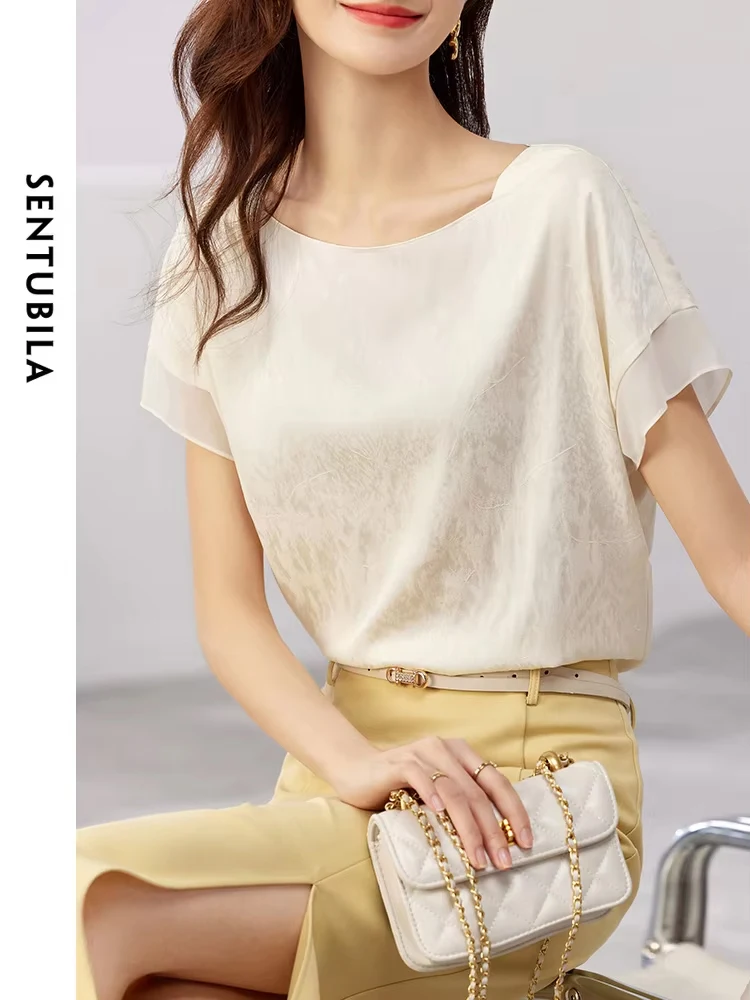 SENTUBILA Chiffon Solid Women\'s Shirt 2024 Summer Fashion Straight Elegant O-Neck Reglan Sleeves Office Lady Shirts & Blouse