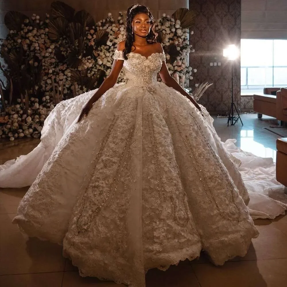 Luxurious Lace Crystal Floral Decoration Women's Wedding Dress Sexy Off Shoulder Waistband Robe De Mariée Bridal Gown Customized