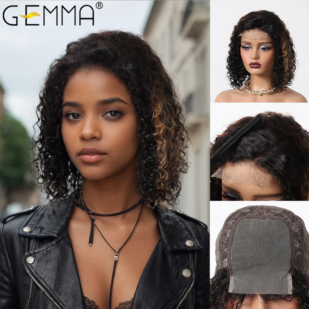 

4X4 HD Transparent Lace Frontal Human Hair Wigs Afro Kinky Curly Bob Hair Natural Black Highlight Golden Wig for Women Daily Use