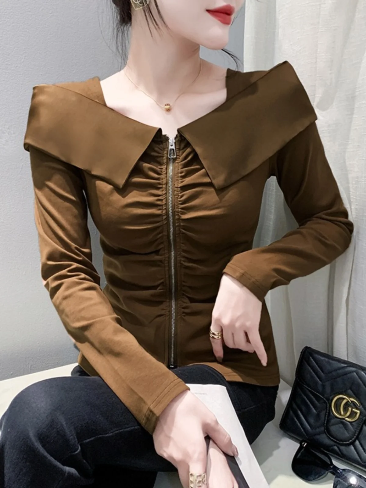 Autumn Cotton T Shirts Female Fashion Folds Front Zipper Full Sleeve Slim Tee Top Woman Base T-shirt HF3015