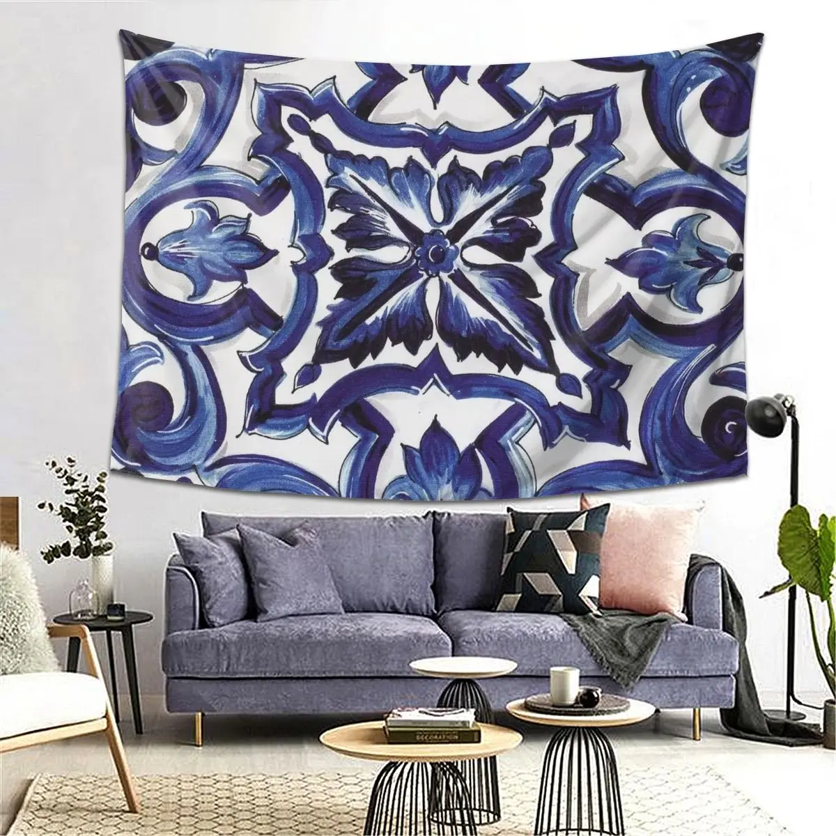 

Синий декоративный цветочный средиземноморский сицилийский гобелен из плитки, украшение, художественные эстетические гобелены, домашняя настенная ткань, настенный гобелен