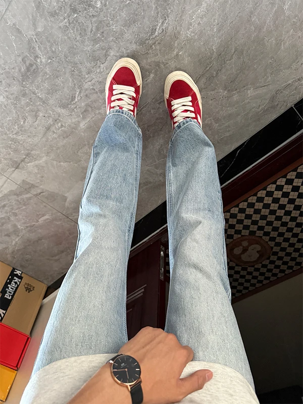 

Мужские летние тонкие джинсы прямого кроя Ice Blue Lightning Pattern, модные, брендовые, в американском уличном стиле, свободного кроя, Cool Fee...