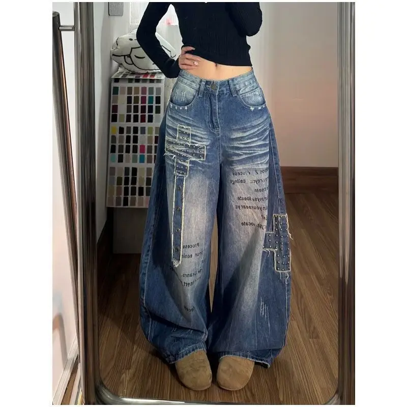 Women Vintage Blue Baggy Ripped Jeans Streetwear Loose Wide Leg Denim Pants American Retro Y2K Harajuku Boyfriend Trousers