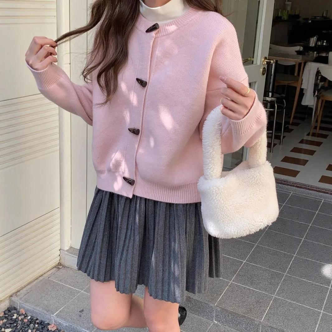 Autumn Winter New Loose Knitted Cardigan Jacket Women Cow Horn Button Sweater Cardigan Loose Vintage Solid Versatile Coat