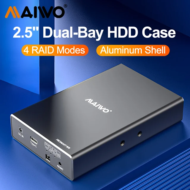 MAIWO HDD Case 2,5-calowa obudowa zewnętrznego dysku twardego Dual Bay Obudowa HD Array SATA TO USB z 4 funkcjami RAID