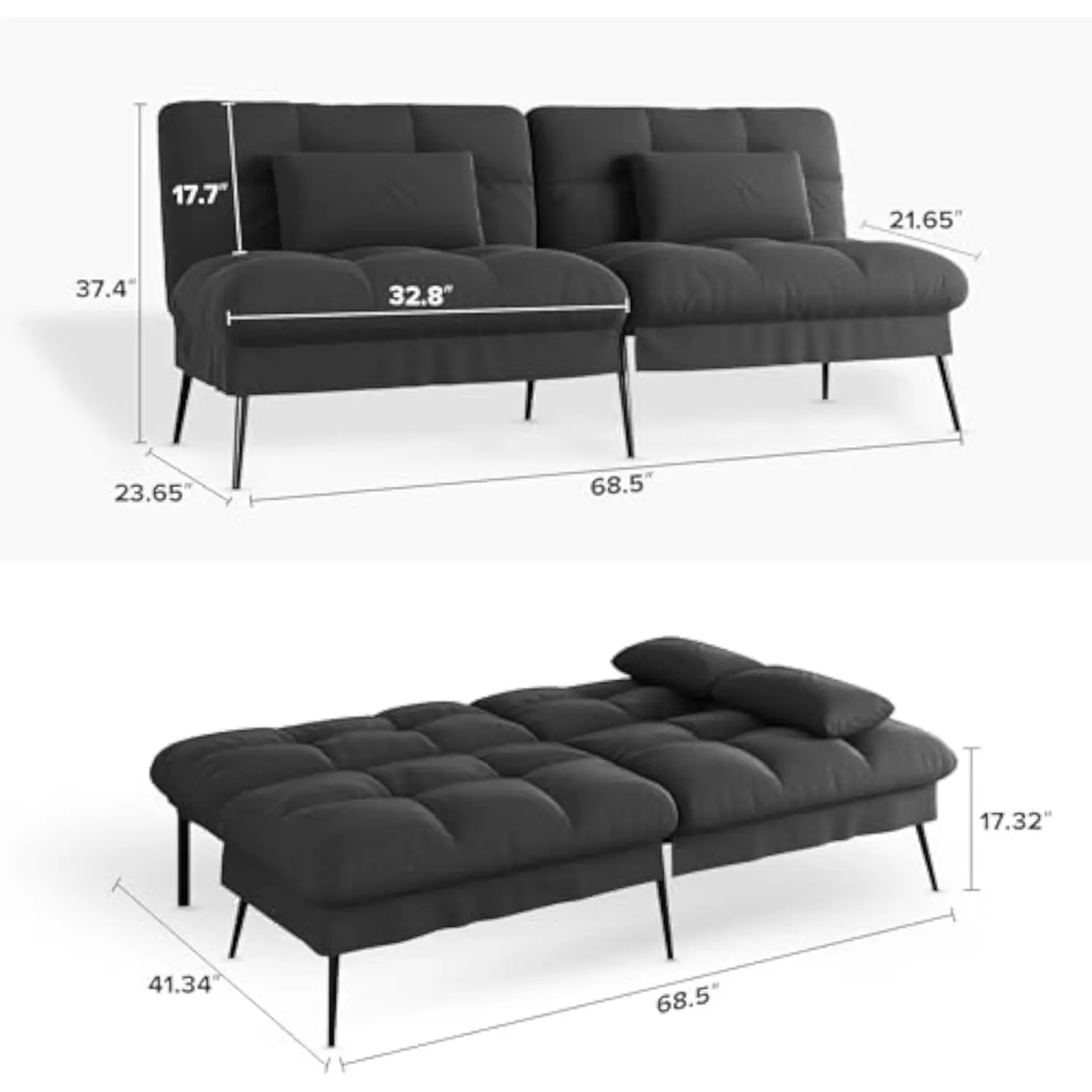 Convertible Futon Sofa Bed Fabric Futon Couch with Adjustable Backrest Folding Futon Sleeper Recliner for Living Room Furniture