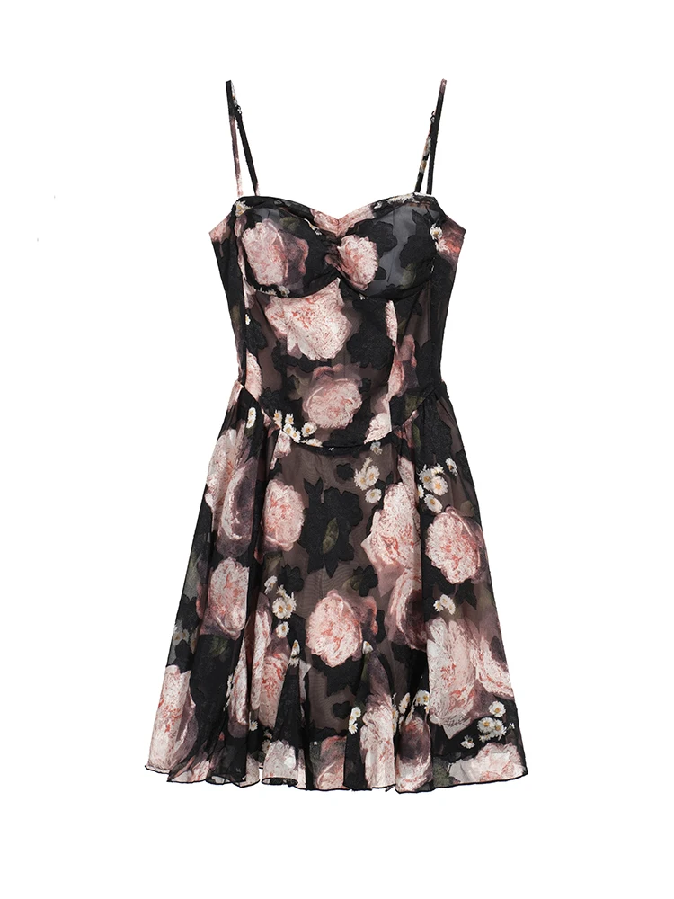 2025 Summer New Pearl Chiffon Bla Floral Print Ele Strapl Dr Women's ort Skirt A-Line Silhouette High Waist