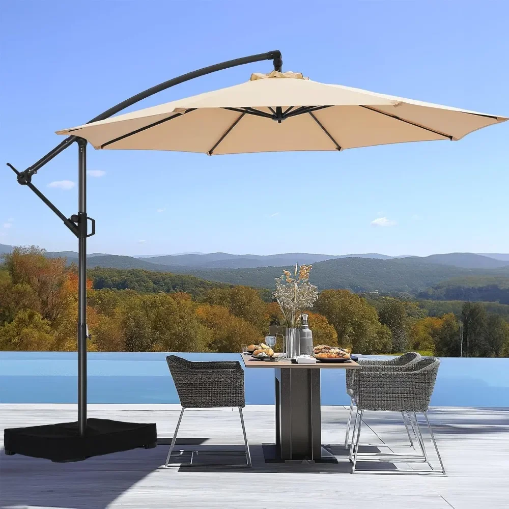 10ft Offset Patio Umbrella - W/Base, Cantilever Offset Hanging Patio Outdoor Market Umbrella UPF50+ UV Protection