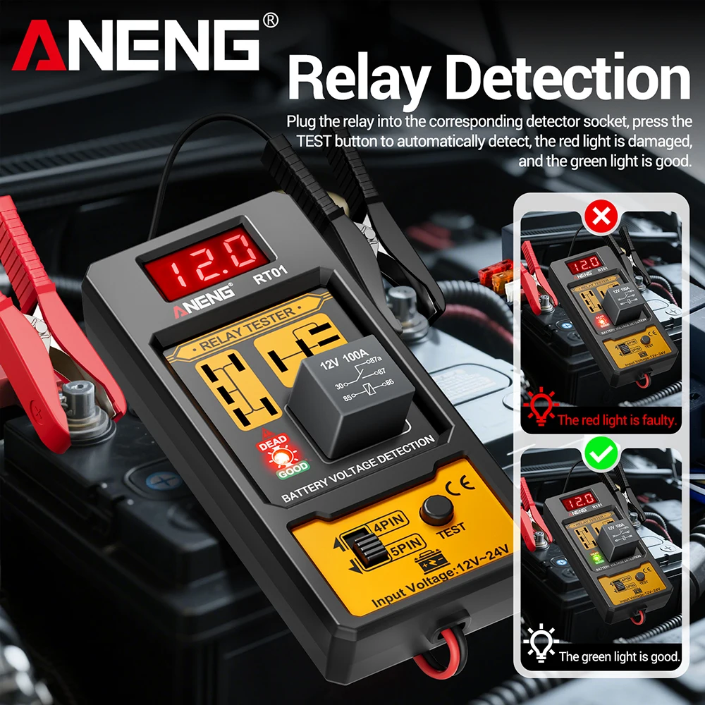 ANENG 11-25V Relay Detector RT01 Digital Universal 4/5 Pins Car Battery Vehicle Detection Digital Display Voltage Battery Tester