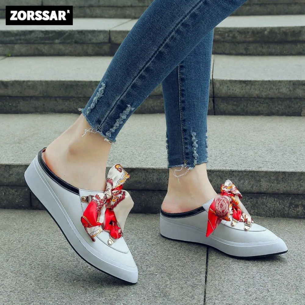 

2024 Cow Leather Butterfly-knot Brand Spring Shoe Pointed Toe Sneaker Wedge Casual Platform Slingback Women Vulcanized Shoes